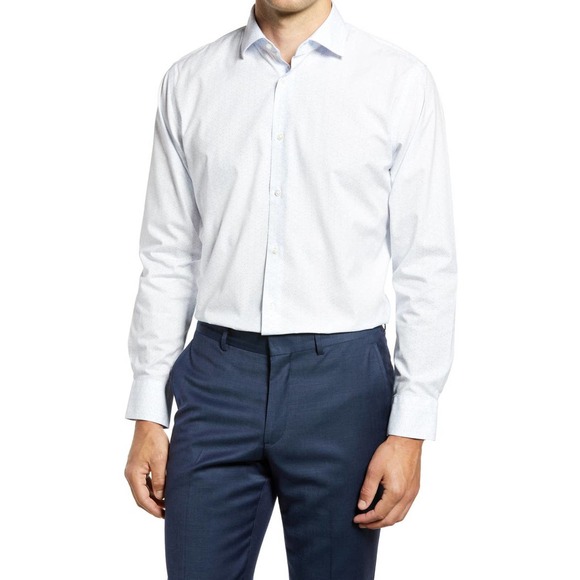 NORDSTROM  17" MEN'S SHOP Trim Fit Non-iron Dress Shirt In White Triangle Dobby - Picture 1 of 7